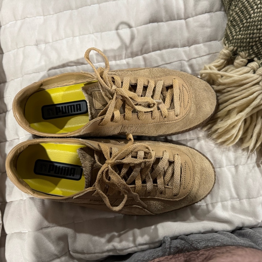 Puma Tan Suede Sneakers with Yellow Accent
